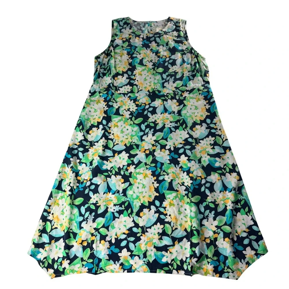 J. Jill Womens Medium Floral Sleeveless Shift Dress‎ Navy Blue Green LTSURFGRSF